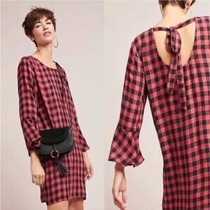 Cloth & Stone Buffalo Check Plaid Tie-Back Dress Size Small Bell Sleeves Soft